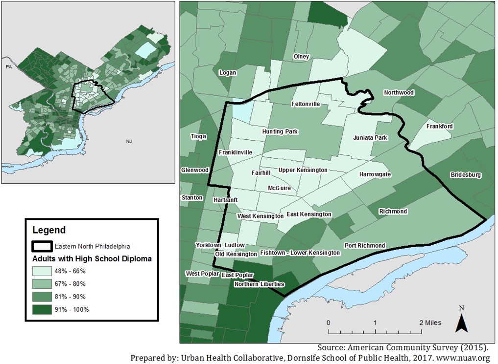 FIGURE 8: Percent of Adults With a High School Diploma in Eastern North Philadelphia by Census Tract 